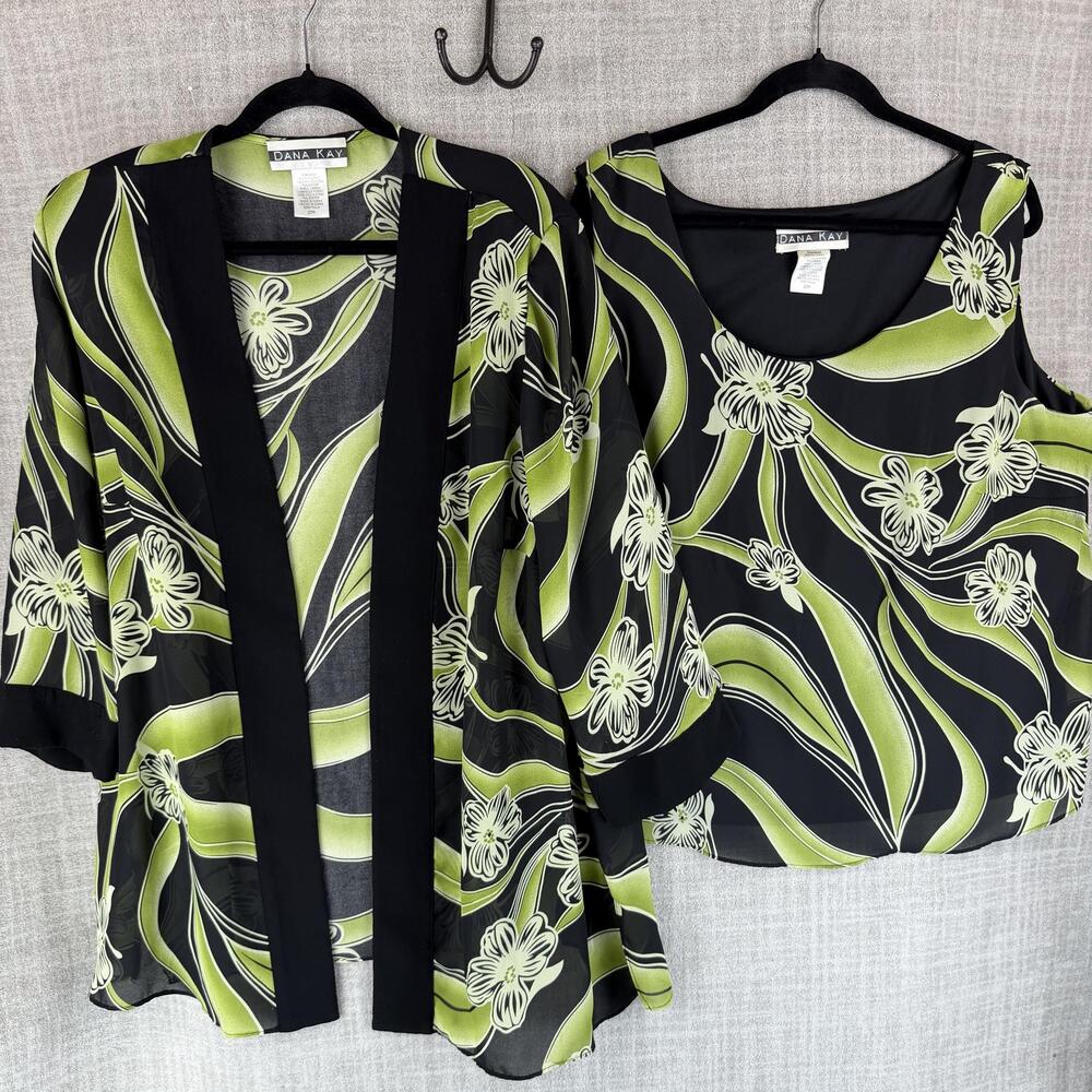 Dana Kay Top Set Womens 22W Green Hawaiian 2 Piece Chiffon Shawl Lapel